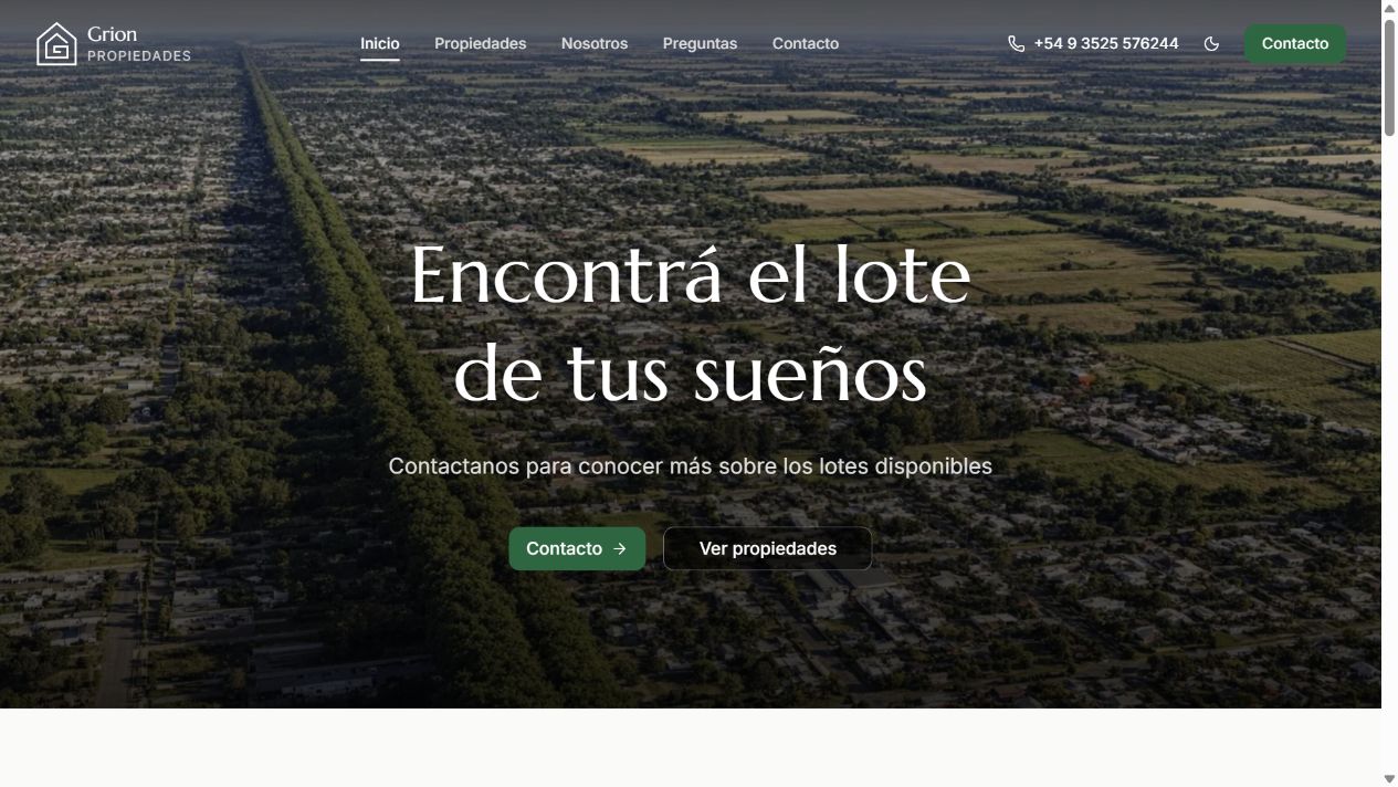 Grion Propiedades homepage with a landscape photograph and featured property listings