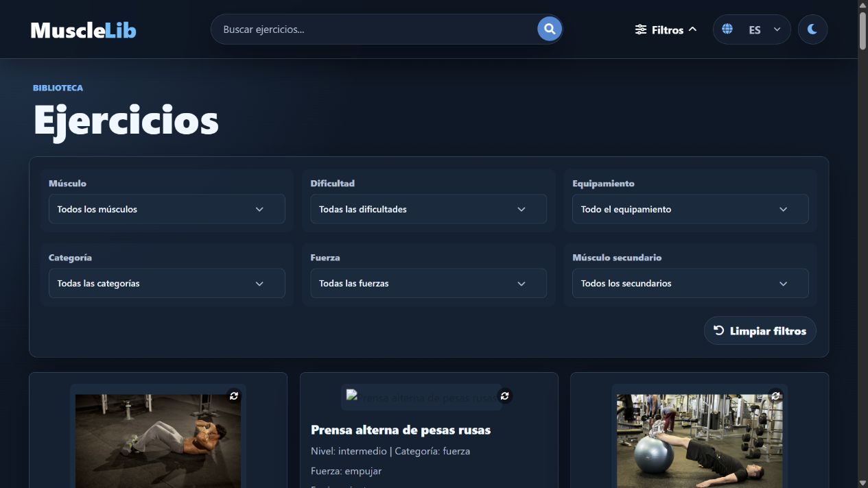 MuscleLib exercise library with search, exercise filters and illustrated exercise cards