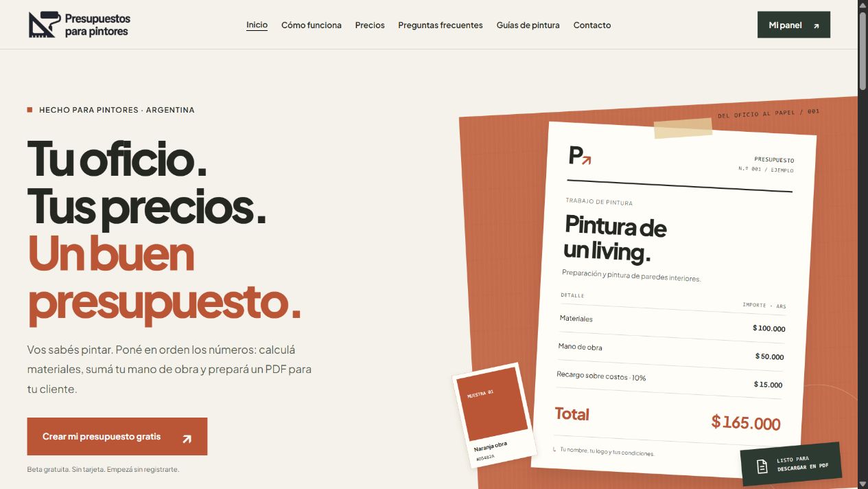 Presupuestos para pintores homepage with a sample quotation for painting a living room
