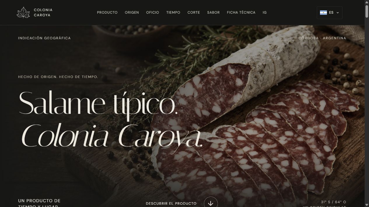 Salame de Caroya homepage with large editorial typography over a close-up of the product